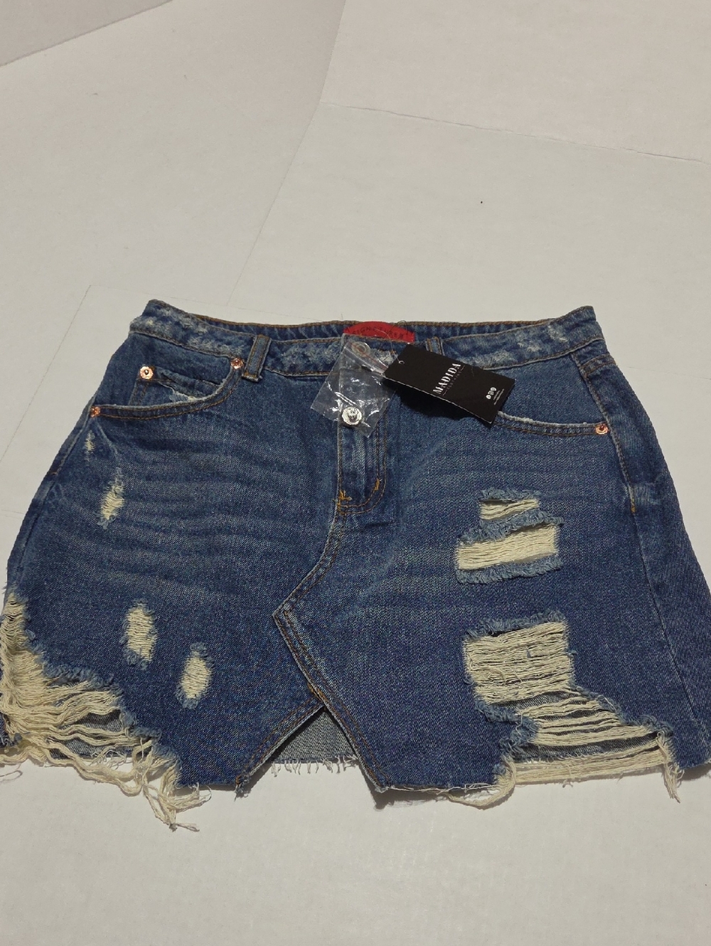 Signature Distressed Denim Skirt - Blue with Red Label NWT